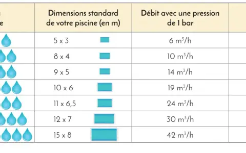 Tableau comparatif des volumes de piscine, dimensions, débits et modèles de pompe adaptés, incluant les options pompe piscine triphasé ou monophasé.