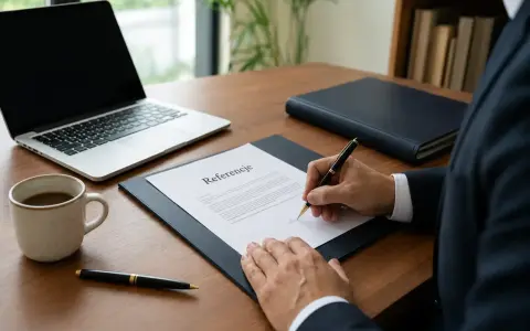Biznesmen podpisuje referencje dla pracownika. Na biurku laptop, kubek kawy i długopis.