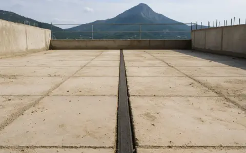 Una junta de dilatación divide el suelo de baldosas de hormigón en una terraza con vistas a una montaña.