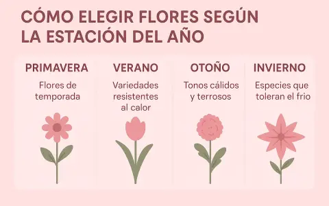 Guía para elegir tipos de flores según la estación: primavera (flores de temporada), verano (resistentes al calor), otoño (tonos cálidos) e invierno (toleran el frío).