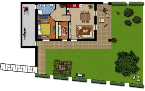 Planimetrie case: vista aerea di una casa con giardino, garage, camera da letto, bagno, cucina e soggiorno.