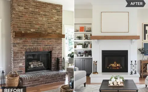 Avant/après d'une rénovation cheminée : d'une imposante structure en briques rouges à une cheminée blanche épurée, modernisée avec une étagère en bois.