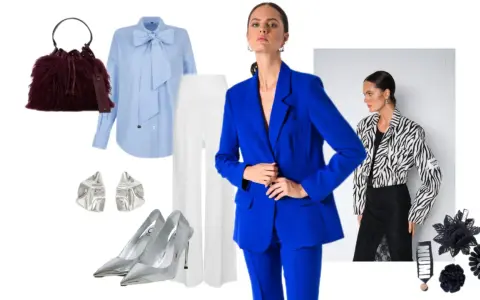 Elegancka stylizacja na bal ósmoklasisty: niebieski garnitur, białe spodnie, błękitna koszula z kokardą, srebrne szpilki i torebka.