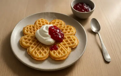 Blommformade våfflor med vispad grädde och sylt, perfekt för ett mysigt fika. Ett enkelt recept på våfflor som alla älskar.