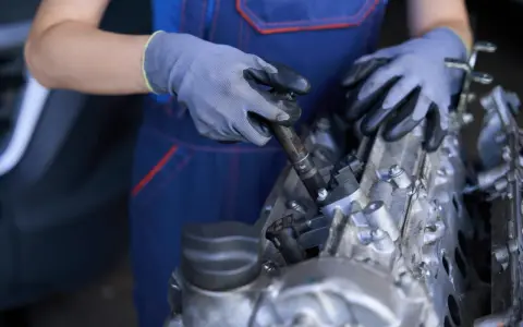 Mecánico con guantes trabajando en un motor, mostrando componentes como inyectores y partes del cigüeñal.