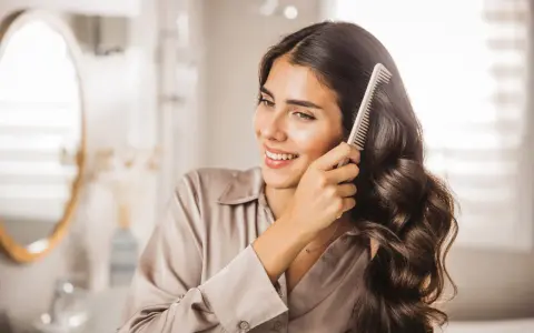 Donna sorridente si pettina i capelli scuri e ondulati, che appaiono lucidi come dal parrucchiere.