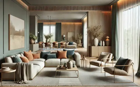 Elegante salón con sofás blancos y cojines en tonos tierra y verde azulado. Paredes en verde salvia, inspirando colores de moda para pintar casa.