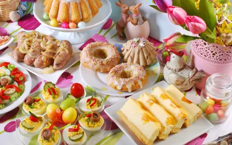 Co na śniadanie wielkanocne? Sernik, babka, pączki, jajka faszerowane, kiełbaski i sałatka.