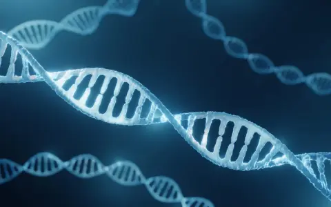 Estructuras de ADN brillantes flotan en la oscuridad, evocando el descubrimiento del ADN y la complejidad de la vida.