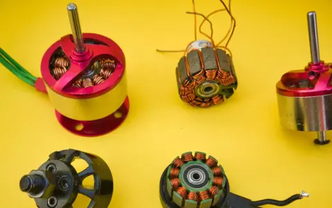 Vergleich von brushed und brushless Motoren: zwei komplette Motoren und zwei freigelegte Spulen mit Kupferwicklungen auf gelbem Hintergrund.