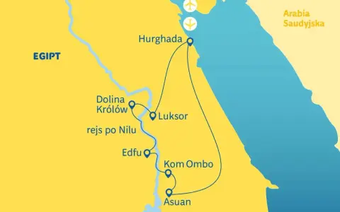 Mapa Egiptu z trasą turystyczną: Hurghada, Luksor, Dolina Królów, rejs po Nilu, Edfu, Kom Ombo, Asuan. Zastanawiasz się, ile leci się do Egiptu?