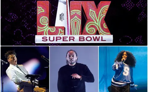 Super Bowl LIX Logo mit Jon Batiste, Kendrick Lamar und SZA.