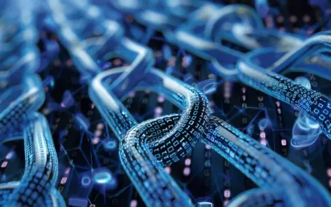 Połączone ogniwa cyfrowego łańcucha, symbolizujące technologię sui blockchain, wypełnione danymi binarnymi.