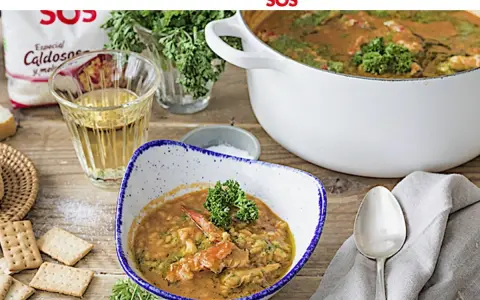 Delicioso arroz con bogavante servido en un cuenco, con una cazuela llena y una bolsa de arroz SOS al fondo.