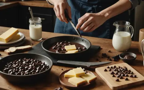 Préparation pour comment faire du chocolat au lait avec du chocolat noir : chocolat noir haché, lait, et des morceaux de beurre dans une poêle.