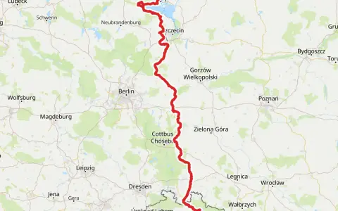 Mapa z zaznaczonym szlakiem rowerowym Odra-Nysa, idealnym do planowania noclegów i podróży.