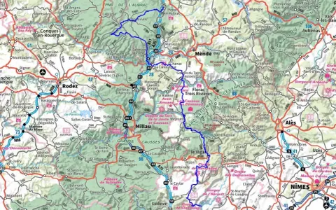 Carte du chemin de Saint-Guilhem-le-Désert, montrant le dénivelé et les Gorges du Tarn.