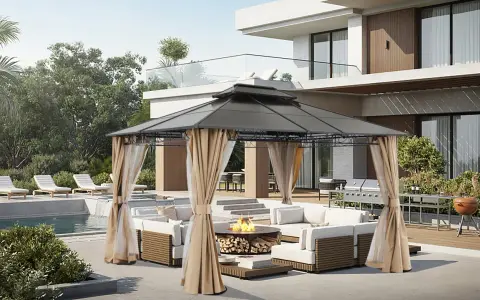 A modern gazebo with curtains creates a cozy outdoor living space. This image shows how to build a gazebo for entertaining, complete with a fire pit and lounge area.