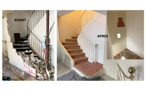 Avant/Après : un escalier art nouveau transformé, passant d'un chantier chaotique à une rénovation élégante.
