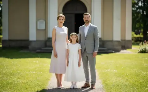 Elegancki strój rodziców na komunię dziecka: mama w jasnej sukience, tata w szarym garniturze, obok córka w bieli.