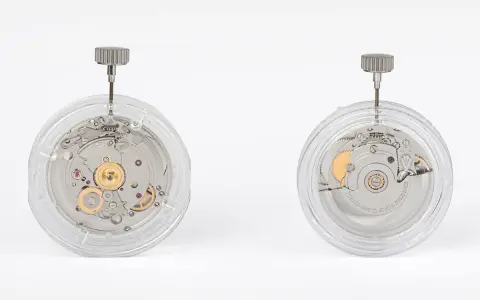 Due movimenti meccanici per orologi, uno a sinistra con ingranaggi dorati visibili, l'altro a destra con la scritta "ETA 2824 TWENTY-FIVE JEWELS SWISS MADE".