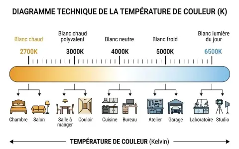 Diagramme de température de couleur, du blanc chaud (2700K) pour une ambiance cosy, au blanc lumière du jour (6500K) pour un laboratoire.