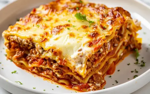 En saftig bit lasagne med lager av köttfärssås, béchamelsås och nybakade lasagneplattor, toppad med smält ost och persilja.