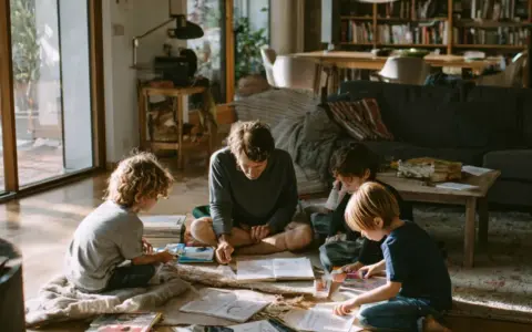 Padre enseña a sus hijos, incluyendo uno de 5 años, a leer y dibujar en el suelo.