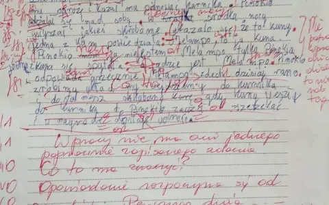 Przykłady pisma z dysgrafią: litery nierówne, pochylone, zniekształcone. Tekst opowiada o Pinokiu i jego przygodach.