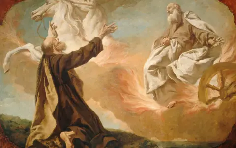 Elijah ascends in a fiery chariot pulled by horses, while Elisha watches from below.