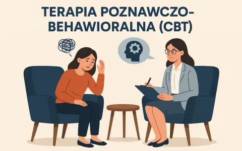 Kobieta w fotelu przeżywa trudne emocje, a terapeuta prowadzi terapię poznawczo-behawioralną, wspierając ją w procesie zmian.