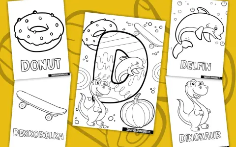 Kolorowanki z literką D: donut, deskorolka, delfin, dinozaur i dynia. Idealne do druku dla dzieci.