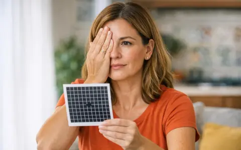 Donna copre un occhio, tenendo una griglia con un'ombra nera al centro, forse per un test visivo.