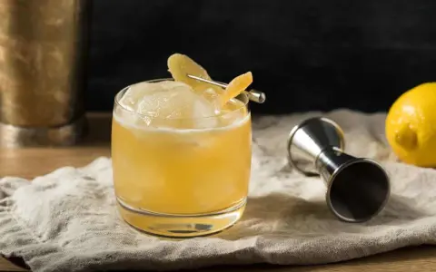 En gyllene whiskey drink med is och citronskal, redo att avnjutas. Bredvid står en jigger och en citron.