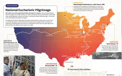 Map of US National Eucharistic Pilgrimage routes, showing four paths converging in Indianapolis, highlighting various Christian prayer sites.