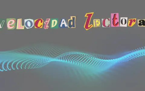 Letras recortadas forman "Velocidad Lectora". Una onda de puntos luminosos turquesas se ondula en la parte inferior.