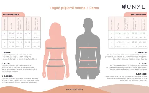Tabella taglie pigiami: la taglia 48 da donna corrisponde a una circonferenza vita 78-82 cm e bacino 101-105 cm.