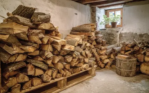 Holzstapel im Keller, bereit als biomasse holz für den Winter. Ein Fenster mit Pflanze erhellt den Raum.