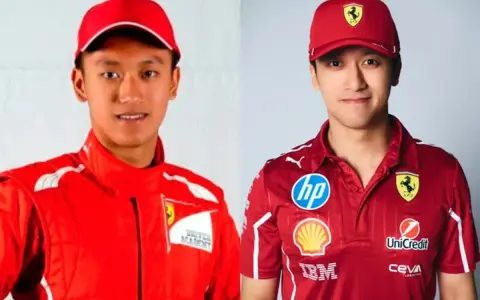 Zhou Guanyu, piloto de Ferrari, sonríe con su uniforme rojo.