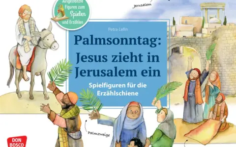 Illustration zum gesegneten Palmsonntag: Jesus zieht auf einem Esel in Jerusalem ein, Menschen jubeln mit Palmzweigen und breiten Kleider aus.