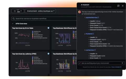Cloud based application monitoring dashboard showing error rates, latency, and AI assistant identifying critical services like paymentservice.