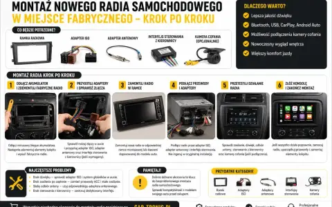 Schemat podłączenia radia samochodowego Pioneer: ramka, adaptery ISO, antenowy, interfejs sterowania z kierownicy. Montaż krok po kroku.
