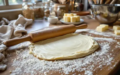 Rouleau à pâtisserie sur une pâte feuilletée étalée, saupoudrée de farine. Des cubes de beurre sont prêts pour la recette.