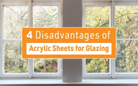 Four disadvantages of acrylic sheets for glazing are highlighted against a backdrop of a window with cracked panes, suggesting a need for careful consideration.