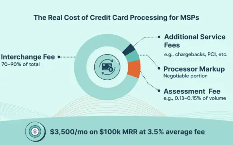 Visualizing credit card processing fees for small businesses, showing interchange fees, processor markup, and additional service fees.