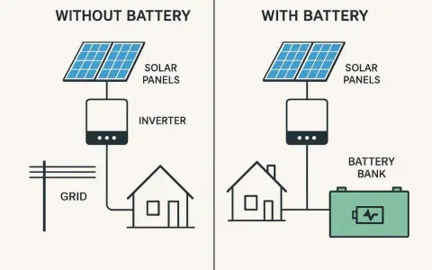 Jämförelse av solceller med eller utan batteri. Till vänster: solpaneler kopplade till växelriktare och elnätet. Till höger: solpaneler, växelriktare, batteribank och hus.