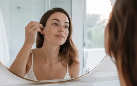 Une femme applique un sérum à l'acide glycolique sur son visage, reflétée dans un miroir.