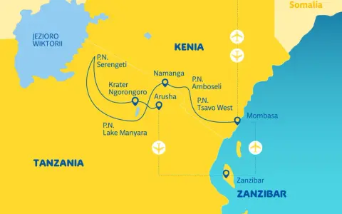Mapa turystyczna Kenii i Tanzanii z zaznaczonymi parkami narodowymi, miastami i trasami podróży.