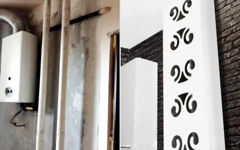 Przed i po: jak zabudować piecyk gazowy. Biała szafka maskuje nieestetyczny piecyk i rury, dodając elegancji.