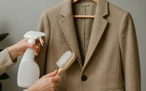 Manos aplicando spray y cepillo a una americana beige. Aprende como lavar una americana en casa.